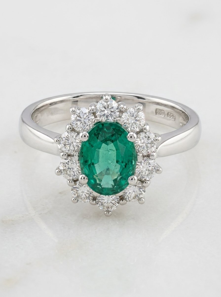 Anello in oro bianco con smeraldo taglio ovale centrale ct.1,09 e contorno di diamanti bianchi taglio brillante rotondo per un peso totale di ct.0,58 F-VS mis.13