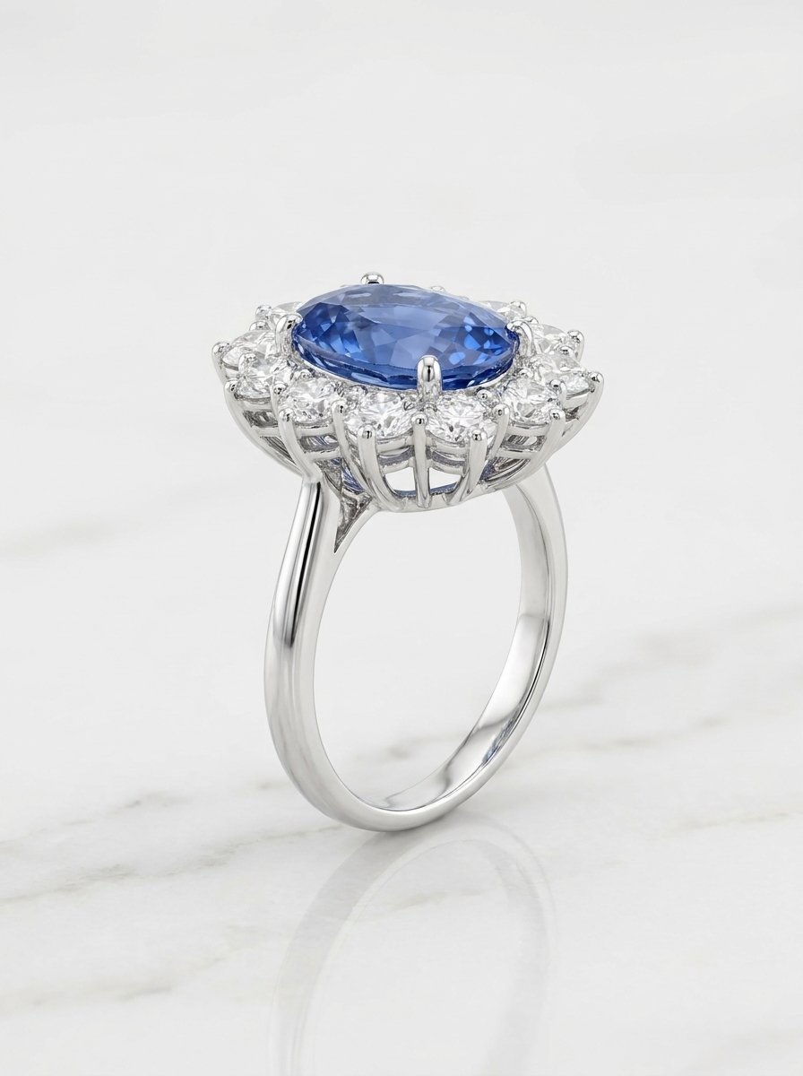 Anello contorno con zaffiro ovale ct. 3,5 diamanti ct. 1,39 F-VS1 gr. 6,7