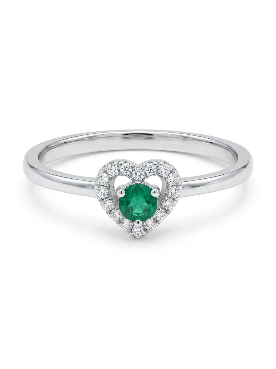 Anello oro bianco a cuore con smeraldo ct. 0,08 diamanti ct. 0,06 G-SI gr. 1,3
