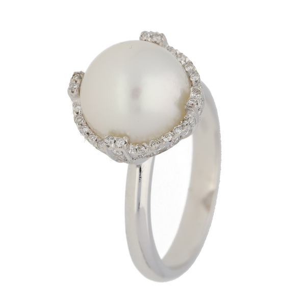Anello in oro bianco diamanti e perla australiana 11 mm