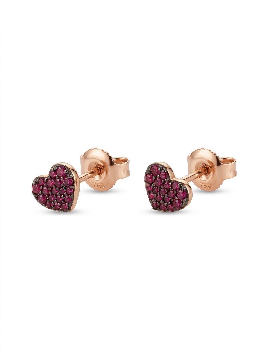Boccole in oro rosa a cuore con pavé di rubini ct.0,17 au gr. 1,6