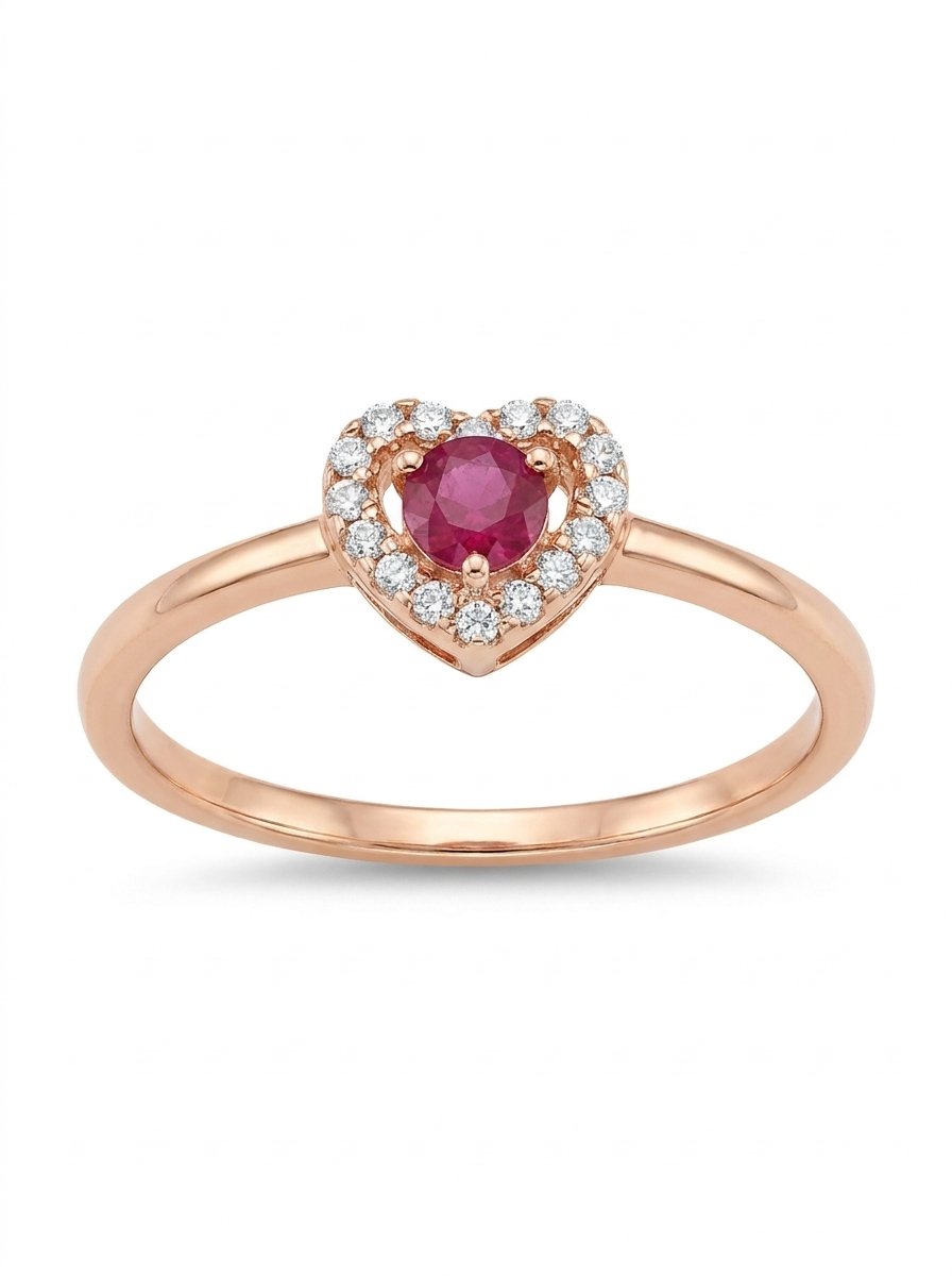 Anello oro rosa a cuore con rubino ct. 0,15 diamanti ct. 0,06 G-SI gr. 1,2 mis. 13