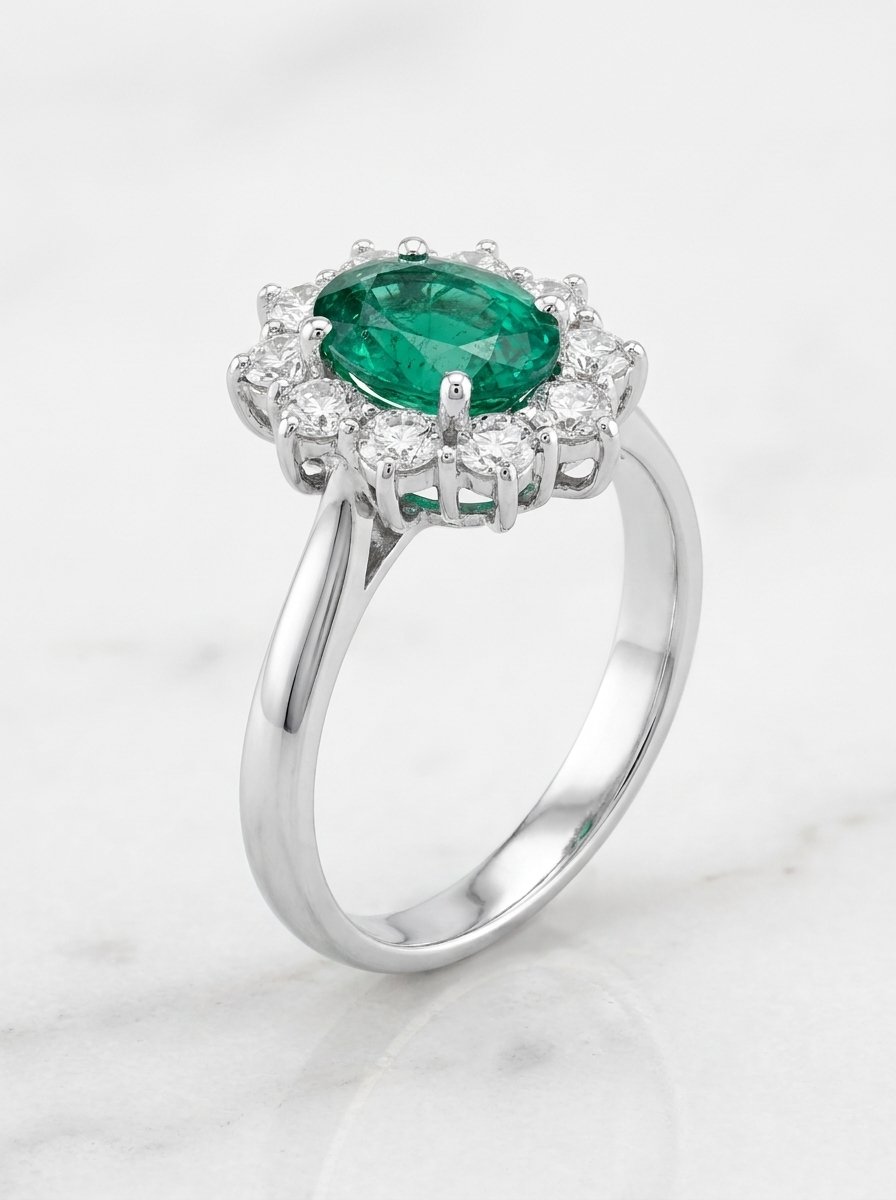 Anello in oro bianco con smeraldo taglio ovale centrale ct.1,09 e contorno di diamanti bianchi taglio brillante rotondo per un peso totale di  ct.0,58 F-VS mis.13