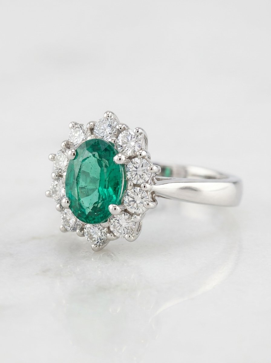 Anello in oro bianco con smeraldo taglio ovale centrale ct.1,09 e contorno di diamanti bianchi taglio brillante rotondo per un peso totale di  ct.0,58 F-VS mis.13
