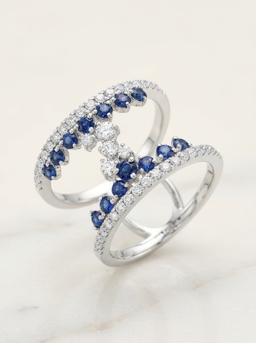 Anello fascia in oro bianco diamanti ct. 0,64 F-VS zaffiri blu ct. 0,65 gr. 4,8 due file di diamanti e zaffiri che tengono sospeso un gioco centrale di cinque diamanti