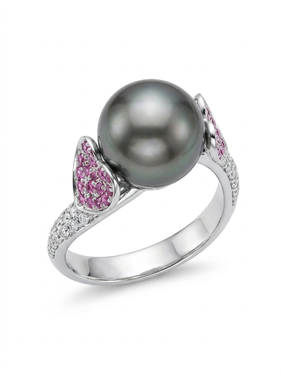 Anello oro bianco con perla Tahiti  cuori laterali in zaffiri rosa ct. 0,41 e diamanti sul gambo ct. 0,37 mis 16