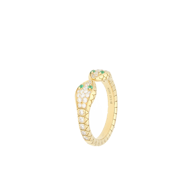 Anello doppia testa di serpente in oro giallo diamanti e smeraldi