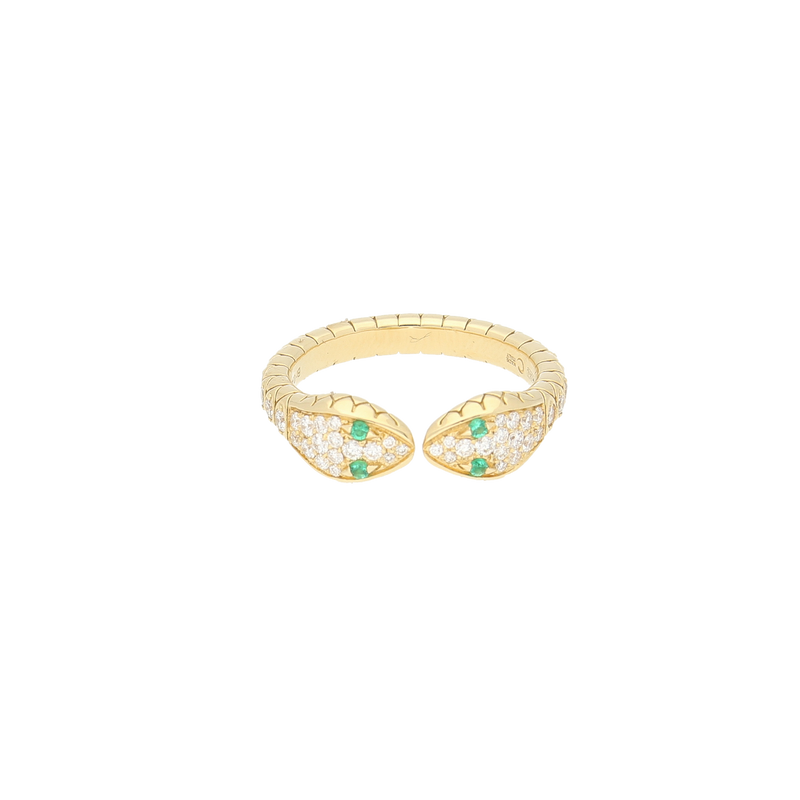 Anello doppia testa di serpente in oro giallo diamanti e smeraldi