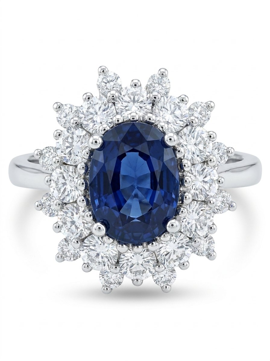 Anello contorno con zaffiro ovale ct. 1,63 diamanti taglio brillante a contorno con una fila di diamanti continua ed una ad intervalli alternati ct. 1,15 G-VVSI mis 15