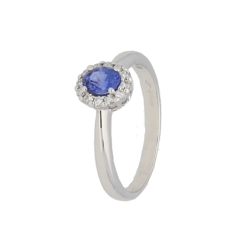 Anello contorno classico con zaffiro ct. 0,50 e diamanti ct. 0,13