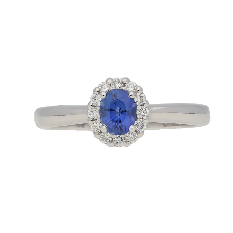 Anello contorno classico con zaffiro ct. 0,50 e diamanti ct. 0,13