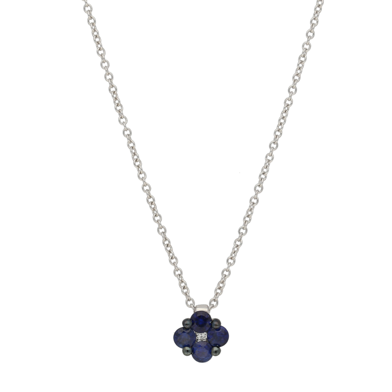 Pendente a forma di fiore con zaffiri blu ct. 0,38 e diamante ct.0,02
