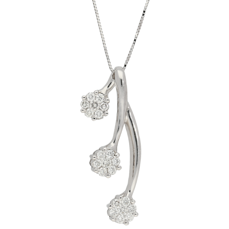 Pendente in oro bianco 3 fiori pendenti multi pietra ct. 0,60