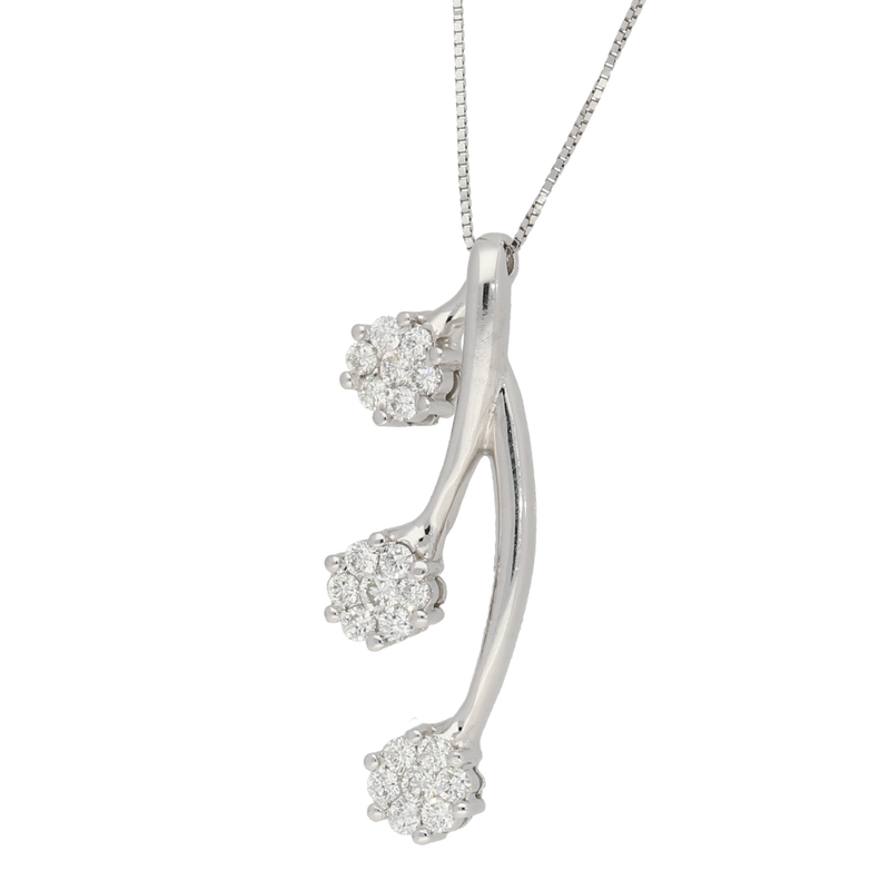 Pendente in oro bianco 3 fiori pendenti multi pietra ct. 0,60