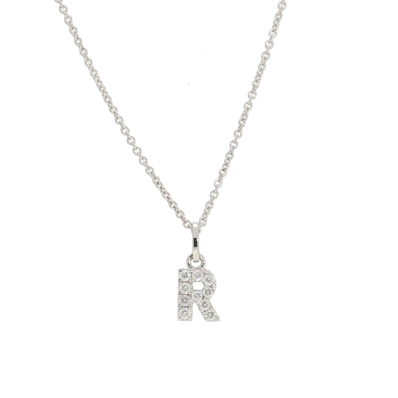 Pendente iniziale R in oro bianco e diamanti