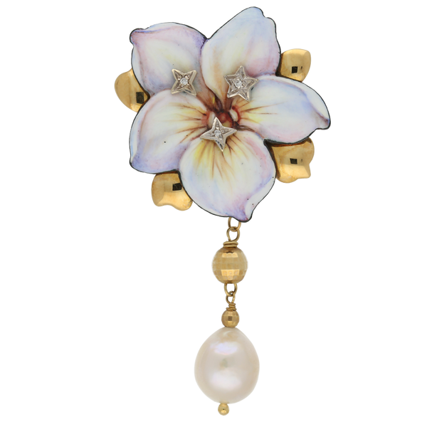 Pendente  e spilla in oro miniato fiore viola