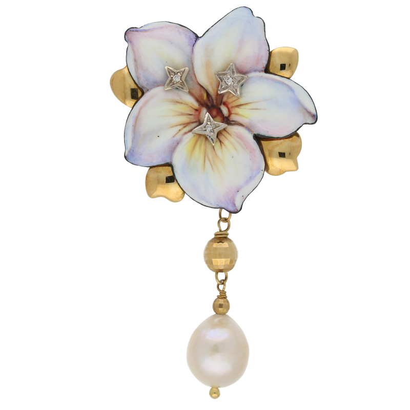 Pendente  e spilla in oro miniato fiore viola