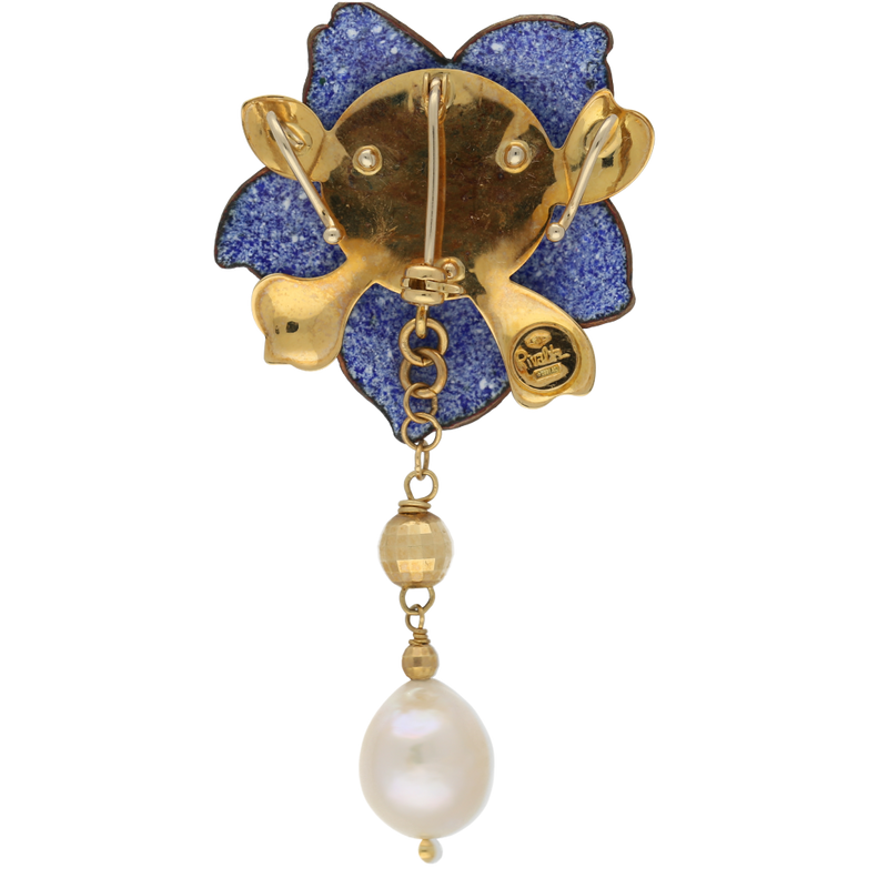 Pendente  e spilla in oro miniato fiore viola