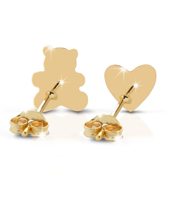 Orecchino in oro giallo con orsetto e cuore con smalto colorato