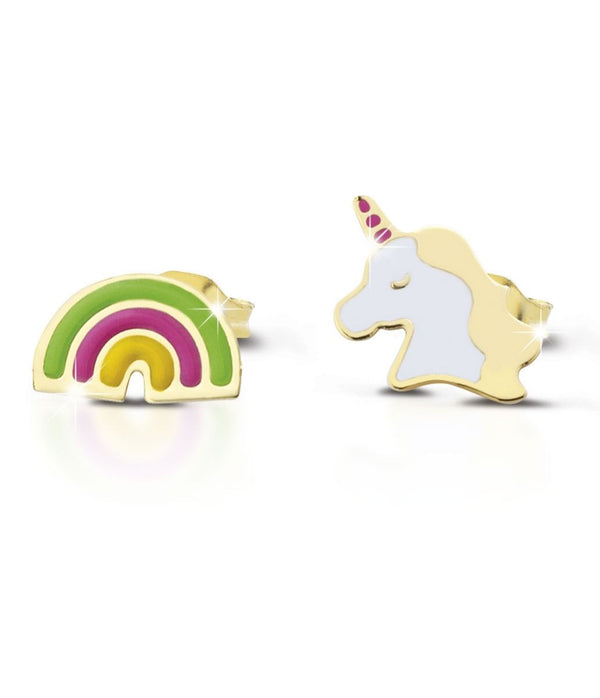 Orecchino in oro giallo con unicorno e arcobaleno con smalto colorato